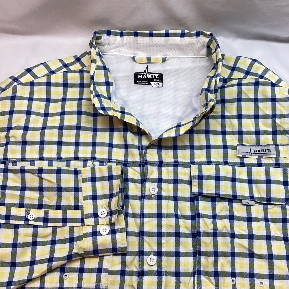 Habit Mens XL Fishing Shirt Plaid Long Sleeve Vented UPF 50 Blue Yellow Gorpcore